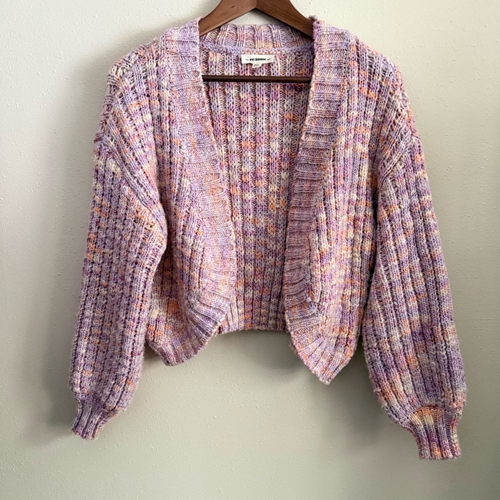 Eesome Lavender Chunky Knit Cropped Cardigan Balloon Sleeve Sweater Small